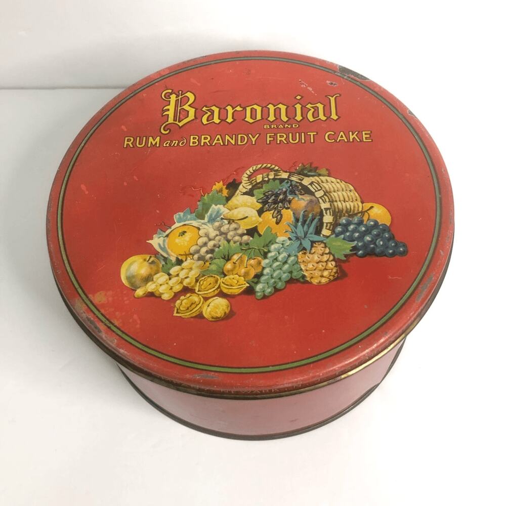 vtg baronial brand rum and brandy fruit cake metal tin round red htf as is